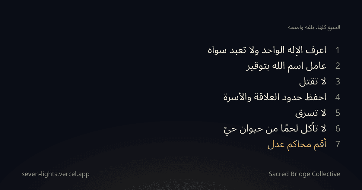 بطاقة تسرد الشرائع السبع مرقّمة من واحد إلى سبعة، والسابعة بالذهبي.