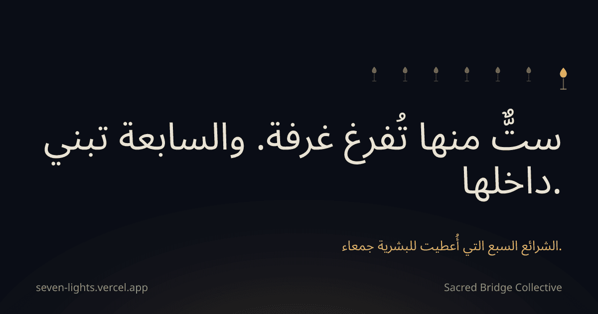 بطاقة فيها ست شعلات صغيرة وشعلة أكبر، وفوقها سطر: ستٌّ منها تُفرغ غرفة، والسابعة تبني داخلها.