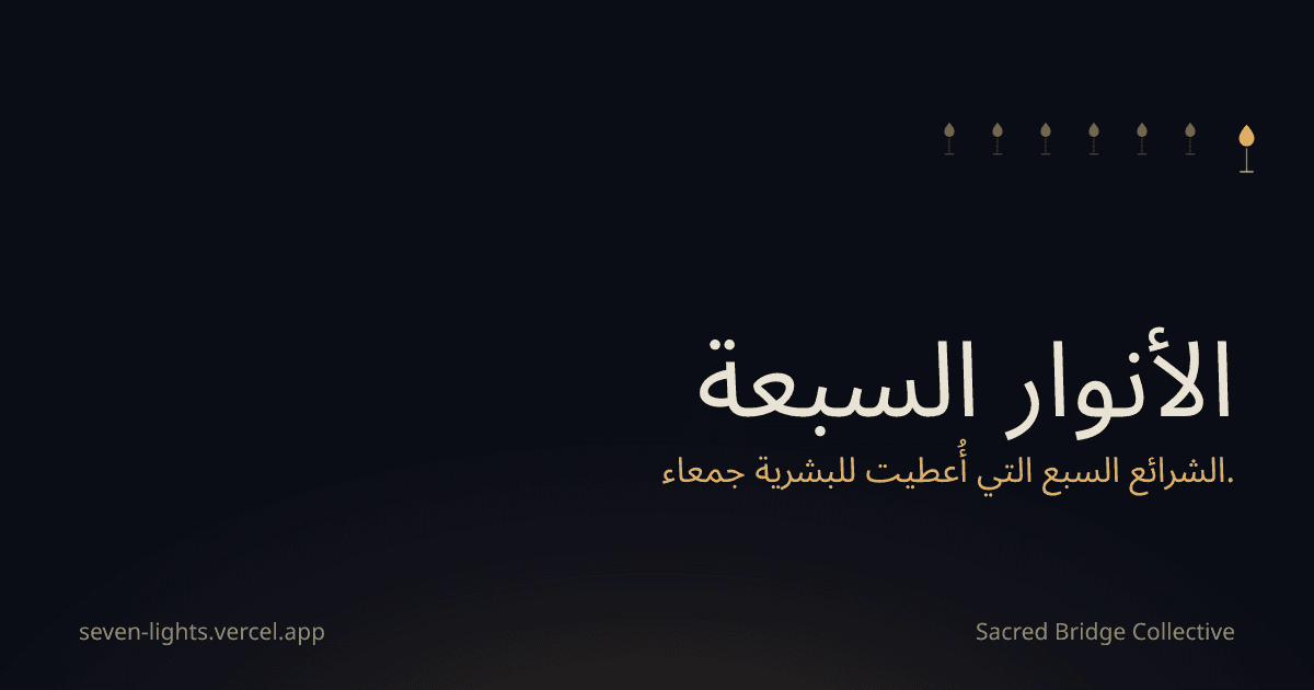 بطاقة على أرضية نيليّة داكنة فيها سبع شعلات ذهبية صغيرة فوق عنوان الأنوار السبعة وسطر الشرائع السبع التي أُعطيت للبشرية جمعاء.