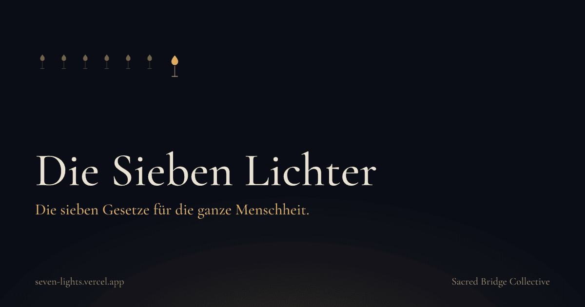 Eine Karte auf dunkelindigofarbenem Grund mit sieben kleinen goldenen Flammen über dem Titel Die Sieben Lichter und der Zeile die sieben Gesetze für die ganze Menschheit.