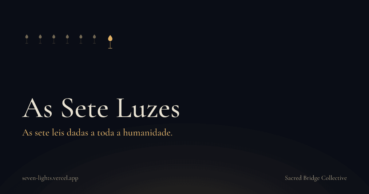 Um cartão sobre fundo índigo escuro com sete pequenas chamas douradas acima do título As Sete Luzes e da linha as sete leis dadas a toda a humanidade.