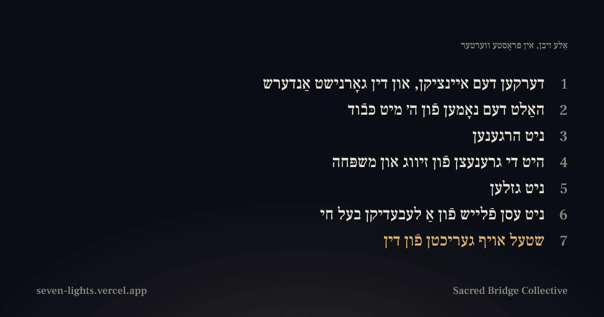 אַ קאַרטל וואָס ציילט די זיבן מצוות, נומערירט פֿון איינס ביז זיבן, און די זיבעטע אין גאָלד.