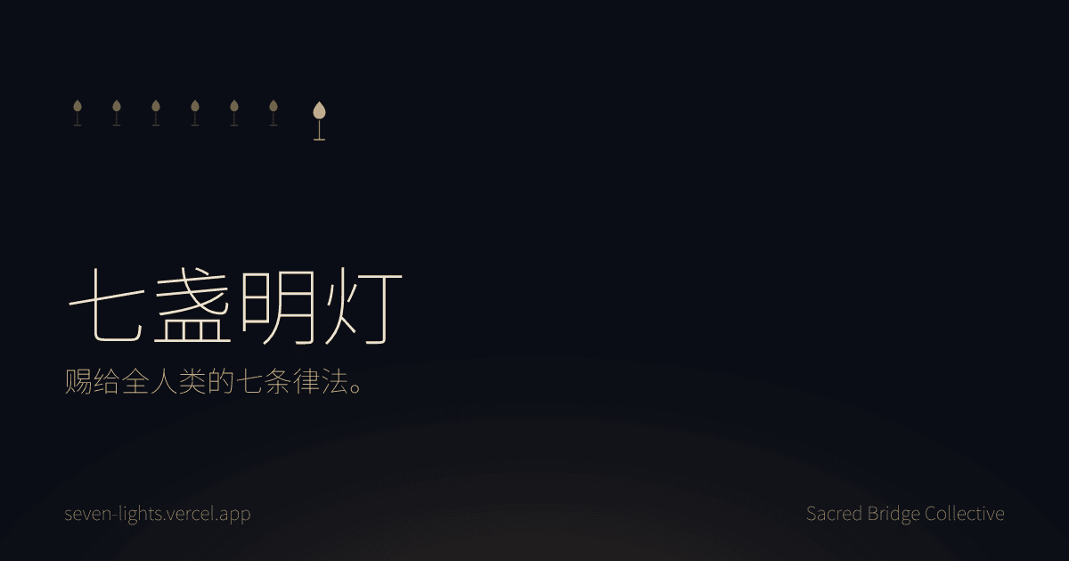 深靛蓝底的卡片，七簇小小的金色火焰在标题“七盏明灯”和“赐给全人类的七条律法”一行之上。