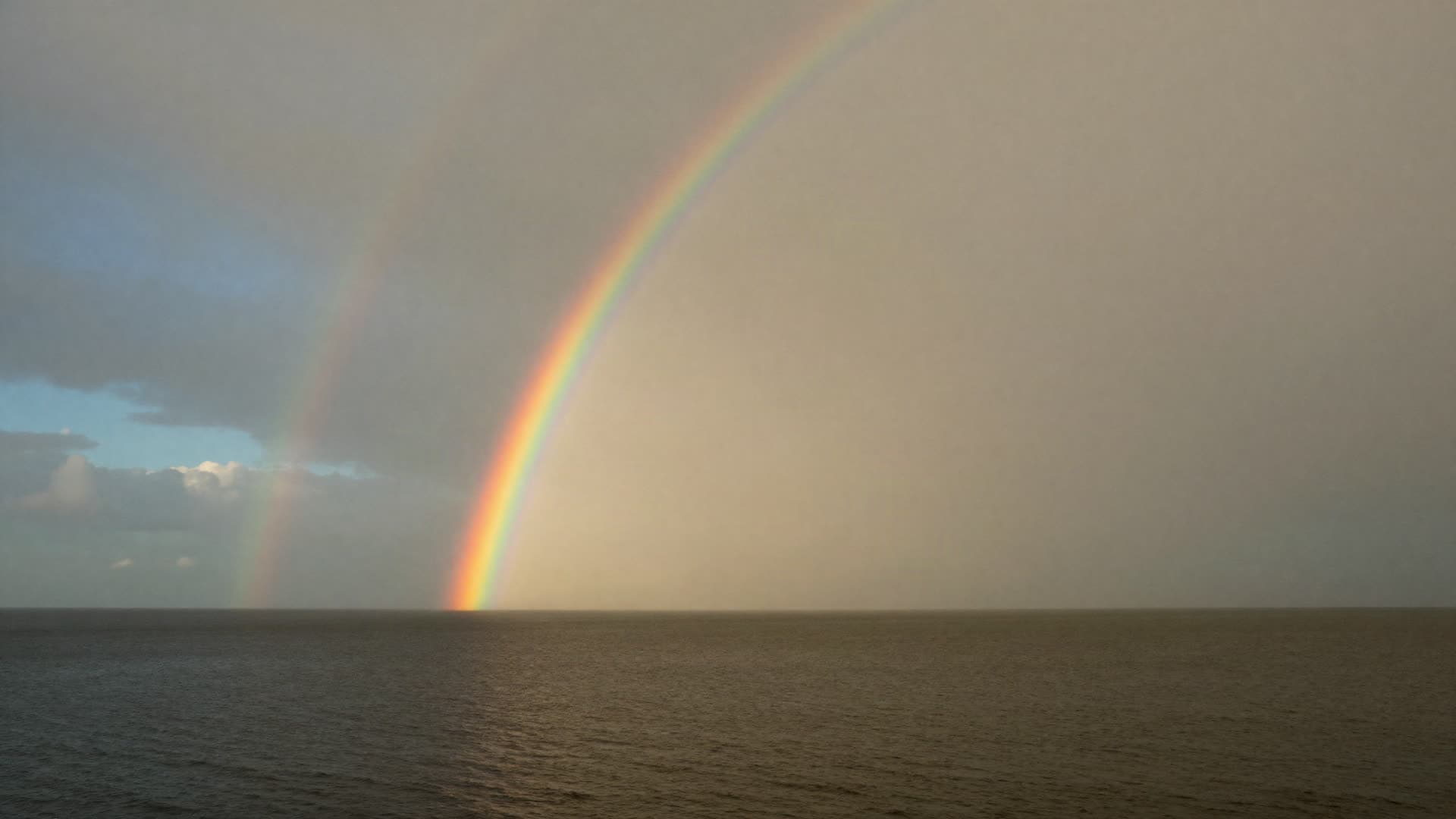 A faint rainbow arc over still water after rain, seen from a great distance, with heavy clouds clearing.