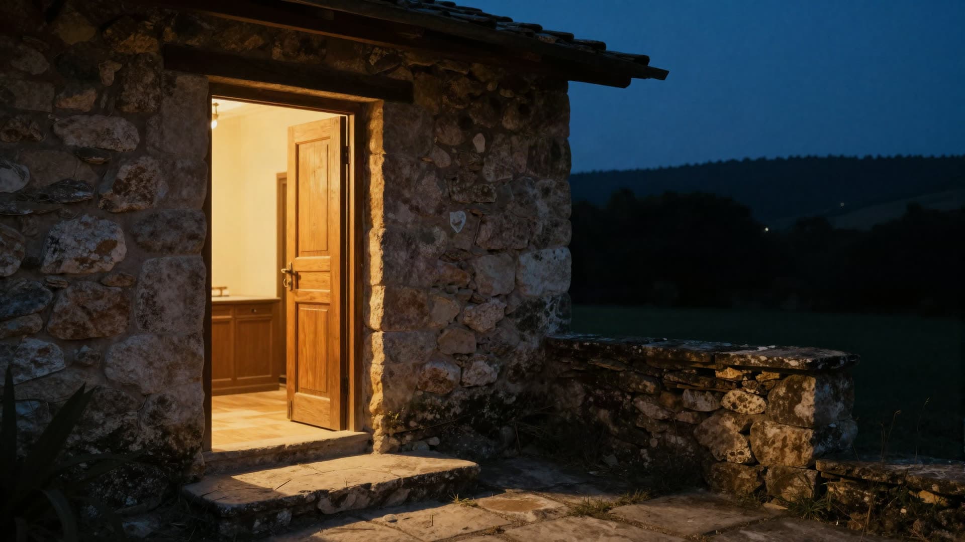 The threshold of a stone home at dusk with a door slightly open and warm light spilling out.