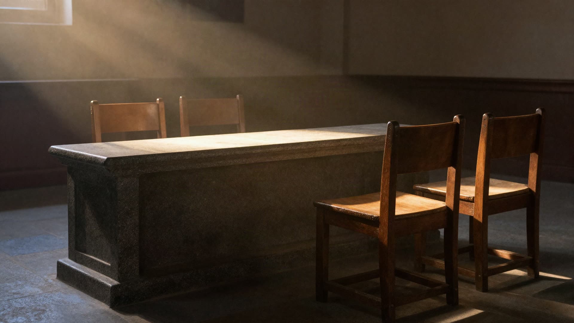 An empty stone judgment bench in an old courtroom at first light with two chairs facing it.