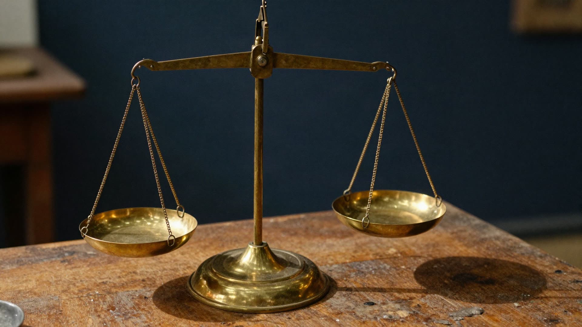 An antique brass balance scale on a worn wooden market table in morning light, both pans empty and level.