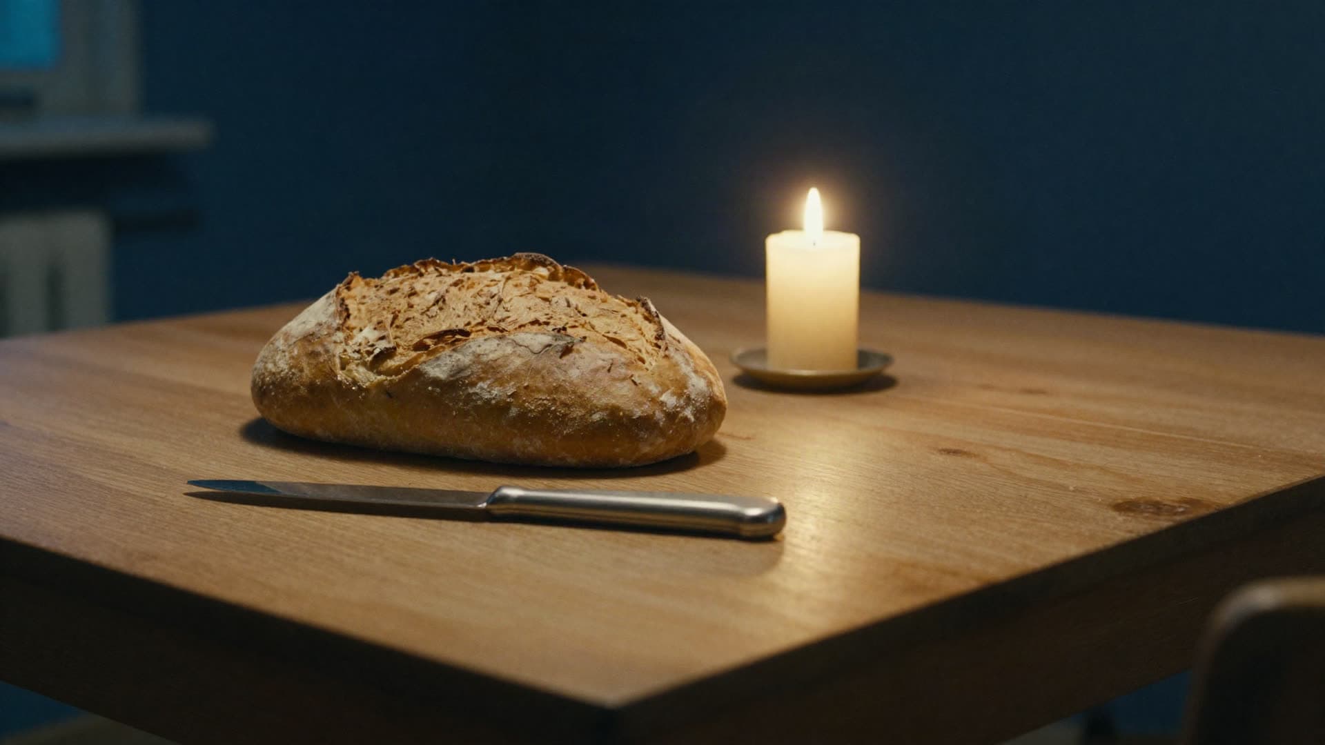 A plain wooden table set before a meal, with bread, a candle, and a knife laid down flat.