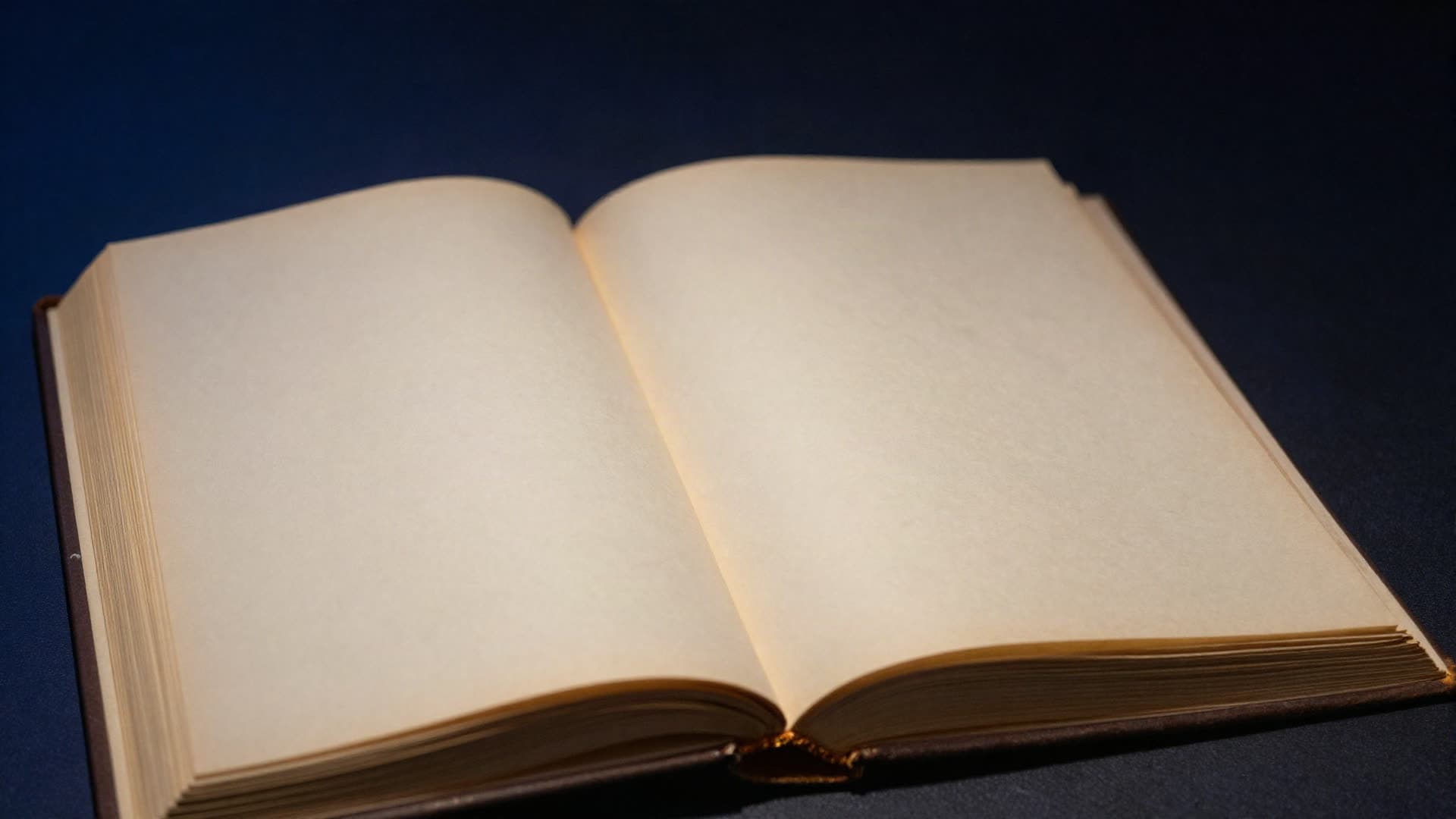 An open blank book of pale parchment in low light, its gilded edge catching a single warm light, with no writing on the pages.
