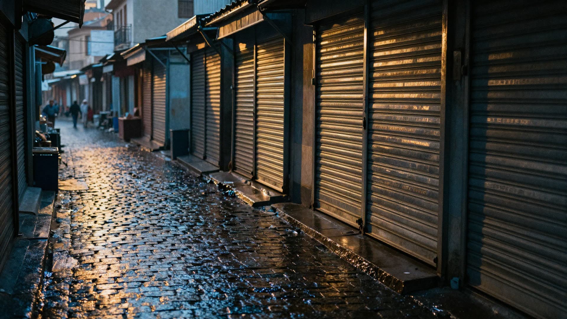 A quiet early morning market street with shutters half open and wet cobblestones, empty of people.
