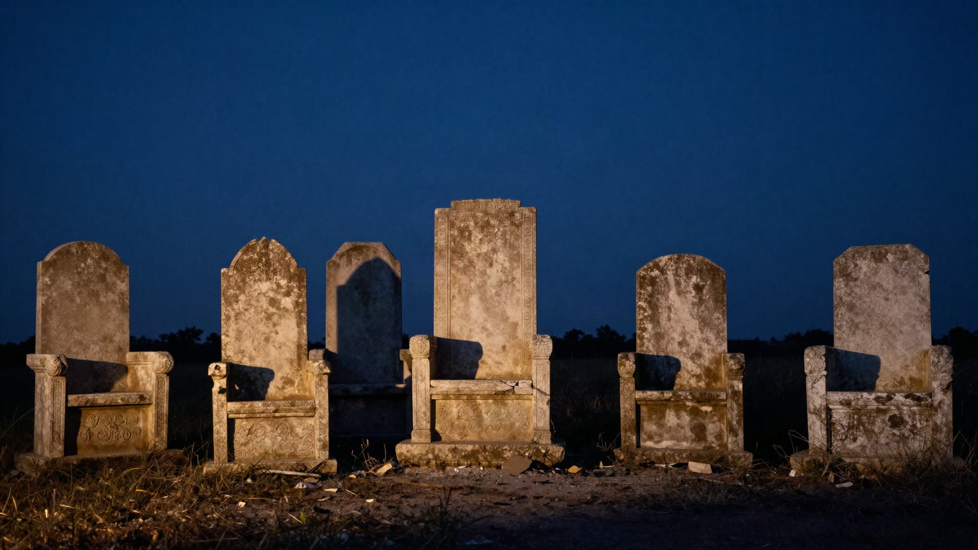 Seven weathered stone thrones standing in a dark field under moonlight, six of them broken apart and one intact.
