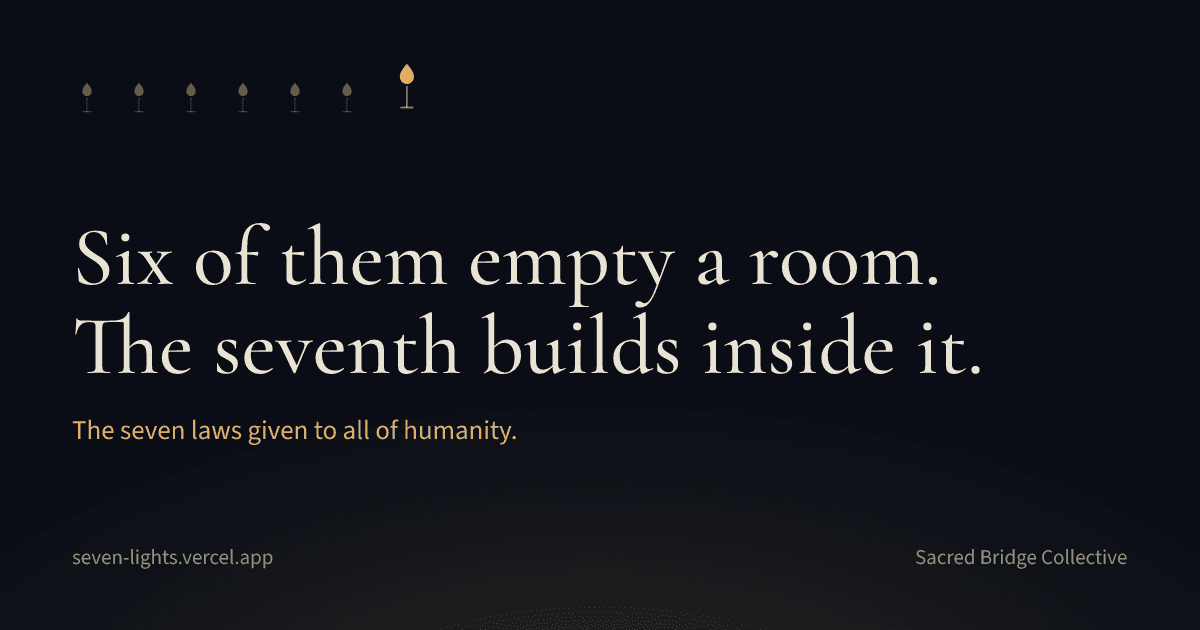 A social card showing six small flames and one larger flame, above the line six of them empty a room, the seventh builds inside it.