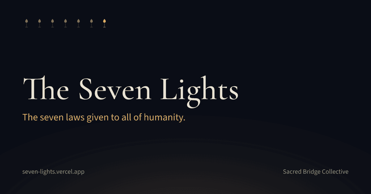A social card on a dark indigo ground showing seven small gold flames above the title The Seven Lights and the line the seven laws given to all of humanity.
