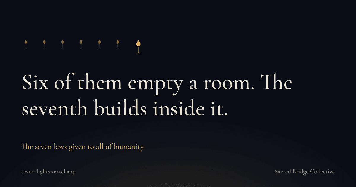 A social card showing six small flames and one larger flame, above the line six of them empty a room, the seventh builds inside it.