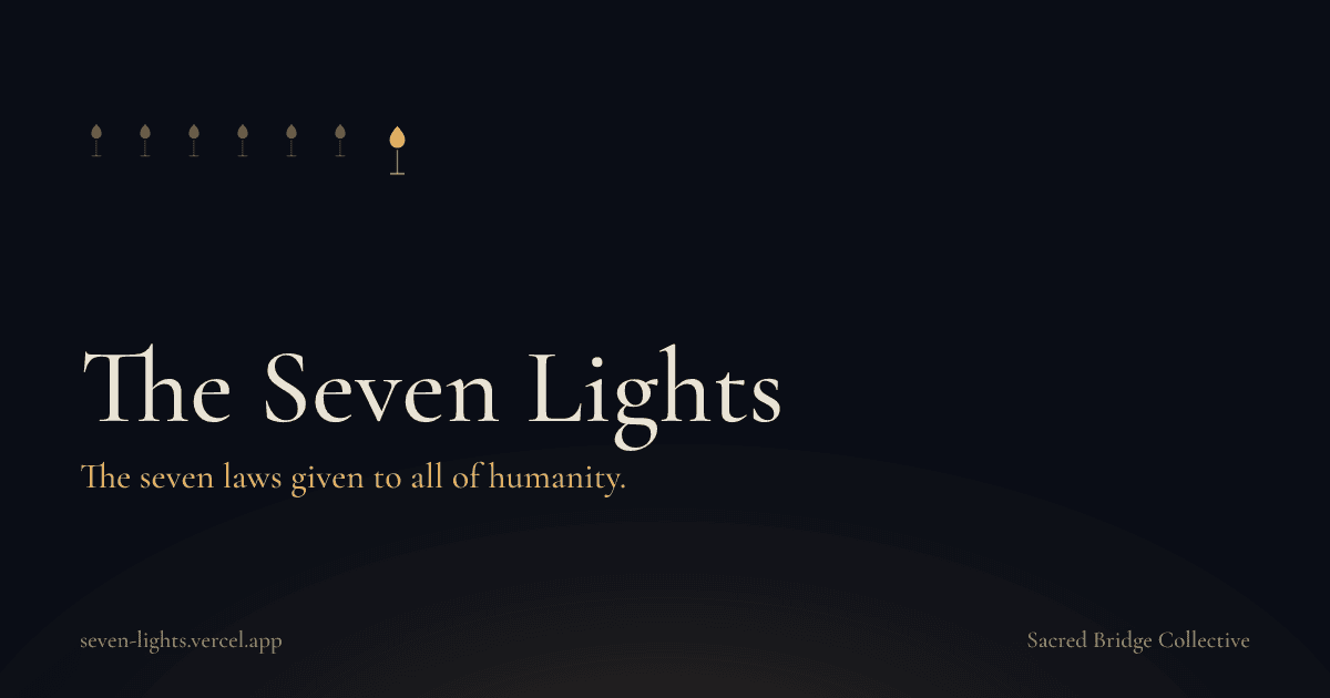 A social card on a dark indigo ground showing seven small gold flames above the title The Seven Lights and the line the seven laws given to all of humanity.