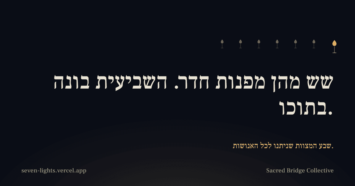 כרטיס ובו שש להבות קטנות ולהבה אחת גדולה, ומעליהן השורה שש מהן מפנות חדר, השביעית בונה בתוכו.