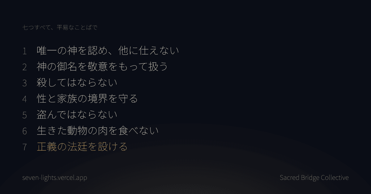 七つの律法を一から七まで番号つきで並べ、七つ目を金色にしたカード。