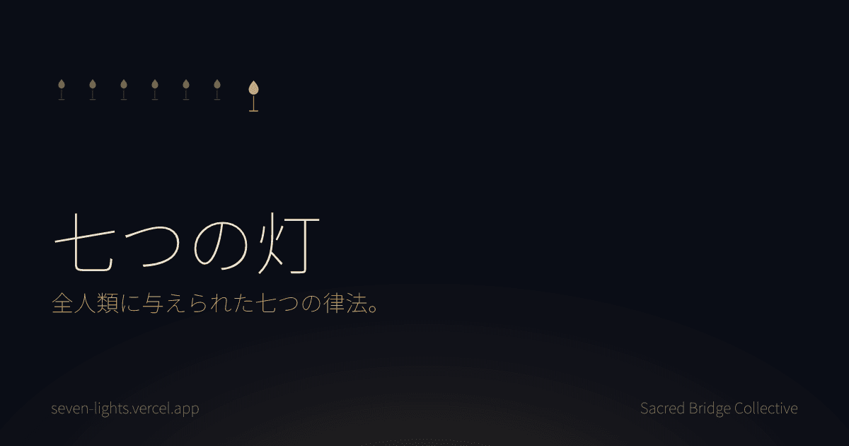 濃い藍色の地に七つの小さな金色の炎、その下に「七つの灯」の題と「全人類に与えられた七つの律法」の一行。